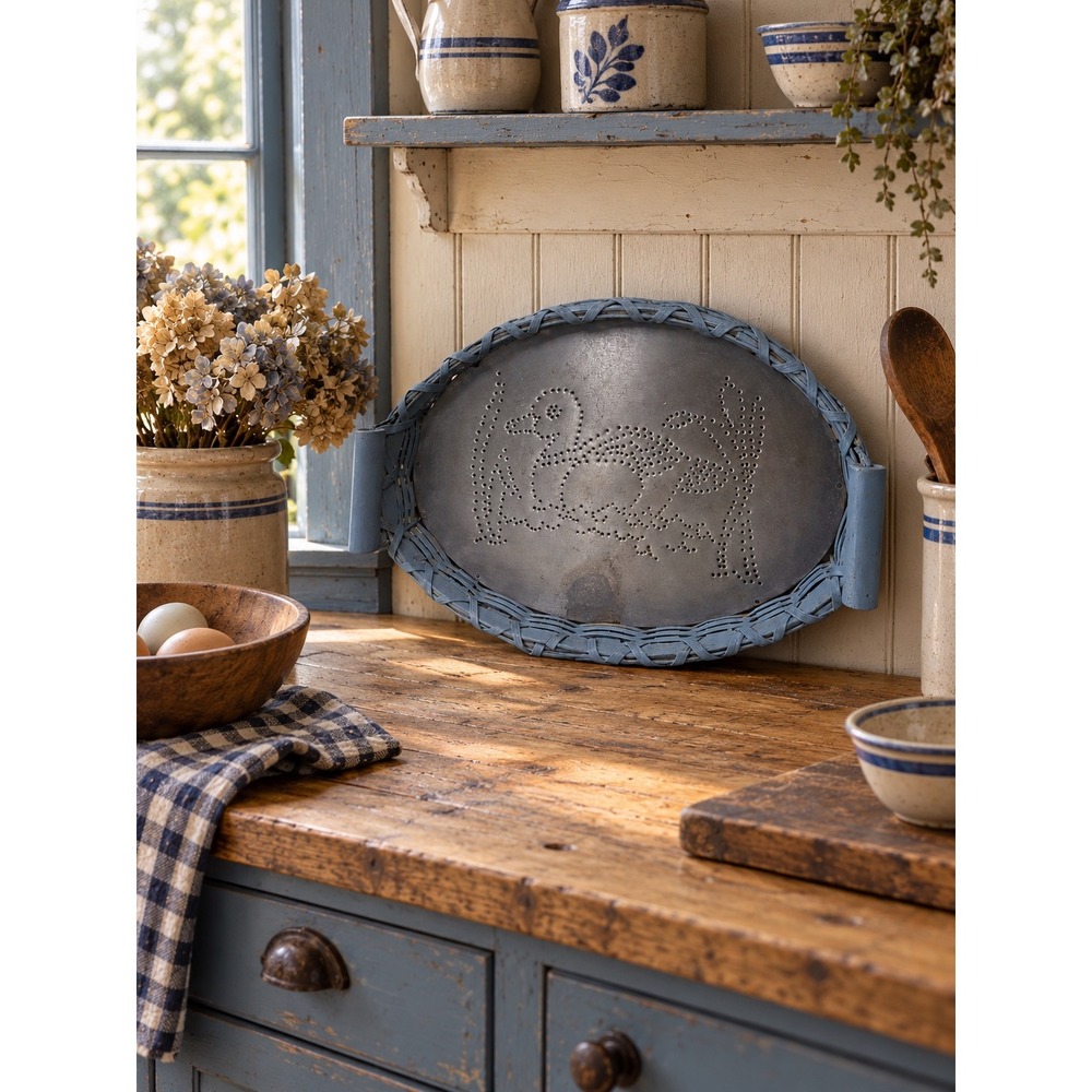 Vintage Brenda's Crafts N Things Blue Wicker Punched Tin Duck Basket Farmhouse